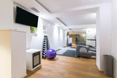 a living room with a gym with a purple exercise ball at Belgrade Inn Garni Hotel in Belgrade