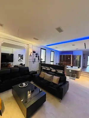 a living room with a black couch and a table at ONYX Grand SPA Suite Zemun in Belgrade