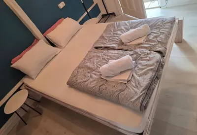 a bed in a room with two pillows on it at Appartamento con ingresso privato e vista giardino in Belgrade