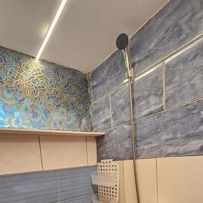 a bathroom with a shower and a blue wall at Appartamento con ingresso privato e vista giardino in Belgrade