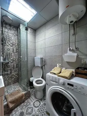 a bathroom with a washing machine and a shower at Blok 63 in Beograd