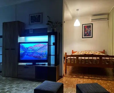 a living room with a flat screen tv and a bed at Blok 63 in Beograd