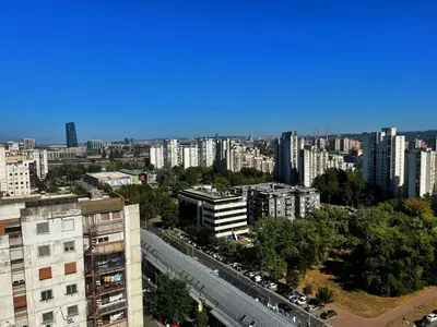 an aerial view of a city with a freeway at Blok 63 in Beograd