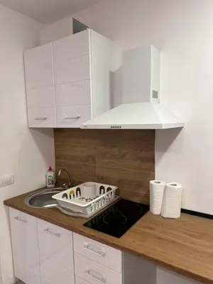 a kitchen with a sink and a stove top oven at Cozy studio in Belgrade in Belgrade