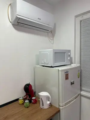 a microwave on top of a refrigerator in a kitchen at Cozy studio in Belgrade in Belgrade