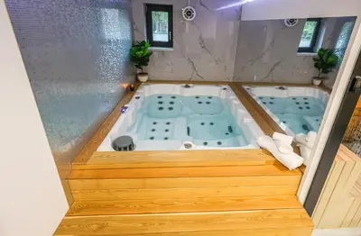 a jacuzzi tub with two toilets in a room at Villa Cocosinella Belgrade in Surčin