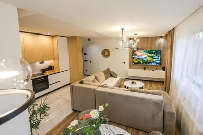 a living room with a couch and a tv at Villa Cocosinella Belgrade in Surčin