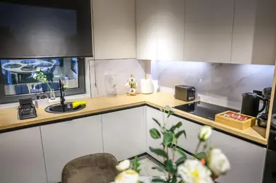 a kitchen with a sink and a counter top at Villa Cocosinella Belgrade in Surčin