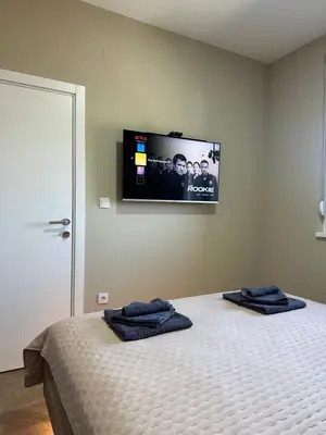 a bedroom with a bed with a tv on the wall at The Wolf Residence in Inđija