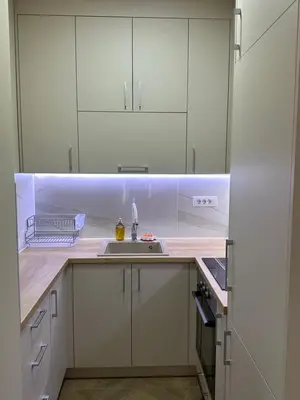 a kitchen with white cabinets and a sink at The Wolf Residence in Inđija
