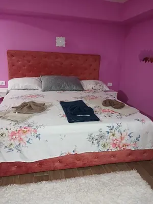 a bedroom with a large bed with purple walls at Stan Na Dan Pancevo in Pančevo