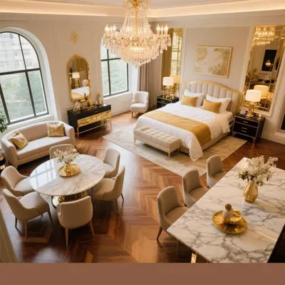 a bedroom with a bed and two tables and chairs at BG Apartment in Belgrade