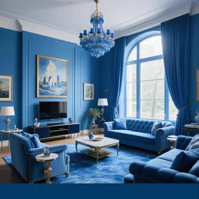 a blue living room with blue furniture and a chandelier at BG Apartment in Belgrade