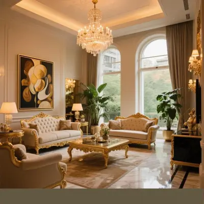 a living room with couches and a chandelier at BG Apartment in Belgrade