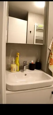 a bathroom sink with detergents on top of it at 1 Bedroom Apartment Belgrade in Belgrade