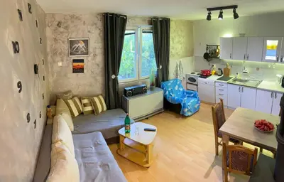 a living room with a couch and a kitchen at Cozy House Belgrade in Kalugjerica