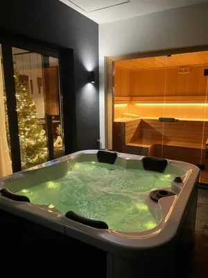 a jacuzzi tub in a bathroom with a christmas tree at Kosmaj Sunrise in Rogača