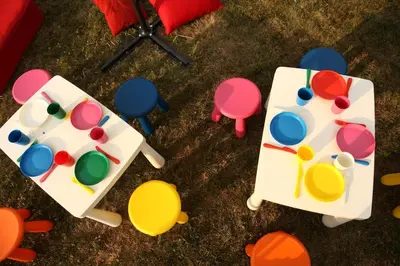 an overhead view of toy tables and chairs at ART HOUSE Kosmaj 2 in Sopot