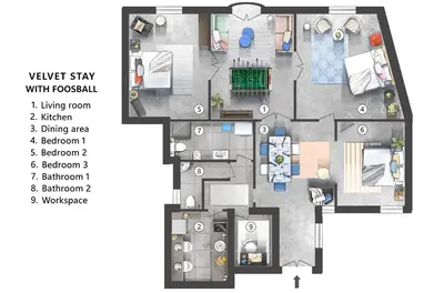 a plan of a floorplan of a house at Velvet Stay 120m2 with Foosball Old Town in Belgrade