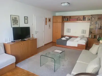 a living room with a bed and a television at ML Apartman in Belgrade