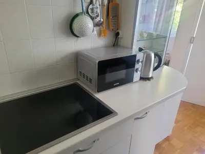 a kitchen with a microwave on a counter at ML Apartman in Belgrade