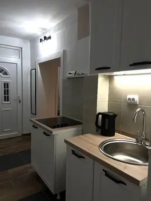 a kitchen with a sink and a counter top at msapartman in Surčin