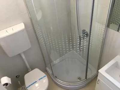 a bathroom with a shower and a toilet at Apartment Silver Pedestrian Zone in Belgrade