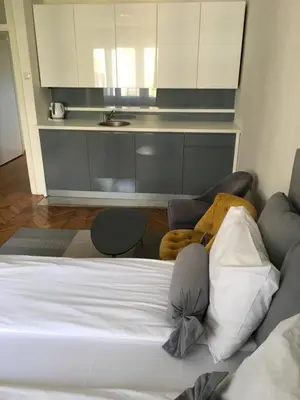 a bedroom with a white bed and a sink at Apartment Silver Pedestrian Zone in Belgrade