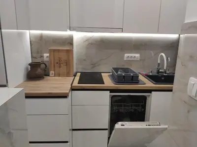 a kitchen with a sink and a stove top oven at Nela Lux in Belgrade