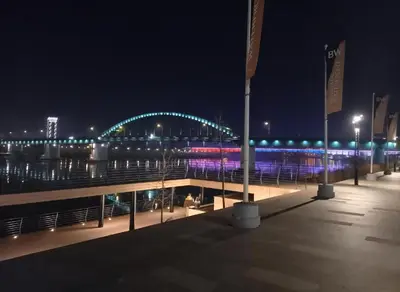 a view of a bridge at night with lights at BW QUARTET Apartman-whit free garage parking in Belgrade