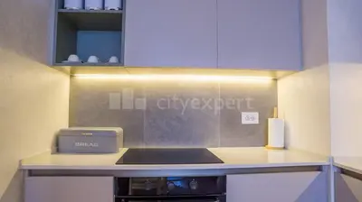 a kitchen with a stove and a counter top at Exclusive Apartment in Belgrade