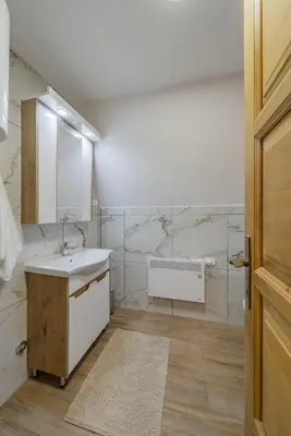 a bathroom with a sink and a mirror at Nektarija Pool House in Jankoviči