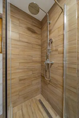 a shower with wooden walls and a glass shower stall at Nektarija Pool House in Jankoviči