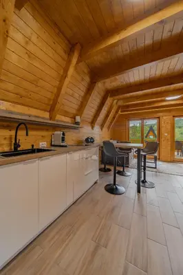 a kitchen with white cabinets and a table with chairs at Nektarija Pool House in Jankoviči