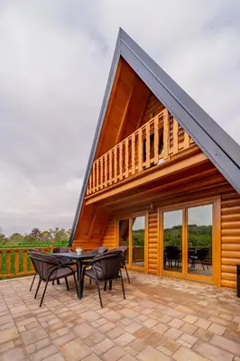 a house with a gambrel roof with a patio at Nektarija Pool House in Jankoviči
