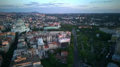an aerial view of a city at dusk at Maison Dositej No20 in Belgrade