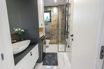 a bathroom with a sink and a toilet and a shower at Apartment Cocosinella in Surčin