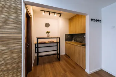 a kitchen with a counter and a sink at Marshal Autokomanda in Belgrade