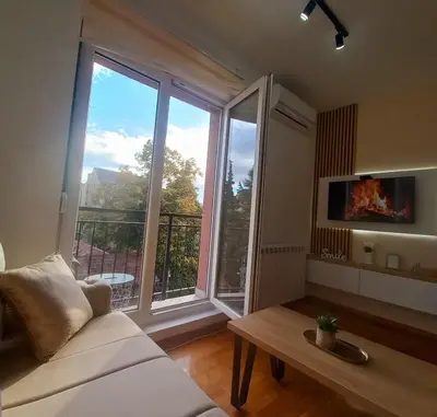 a living room with a couch and a large window at Royal lux apartman Beograd in Belgrade