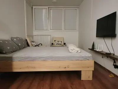 a bedroom with a wooden bed with a flat screen tv at Andrej 62 in Beograd