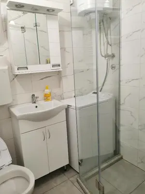 a bathroom with a shower and a sink and a toilet at Andrej 62 in Beograd