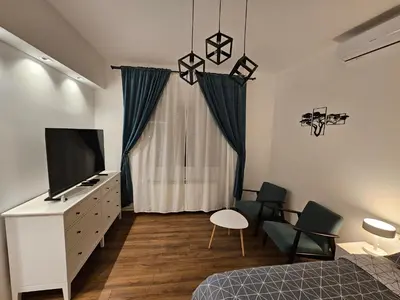 a bedroom with a bed and a tv and a window at Studio 1920 in Belgrade
