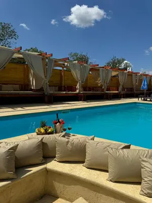a swimming pool with a couch in front of it at etno brvnara sa bazenom in Železnička Stanica Karlovački Vinogradi