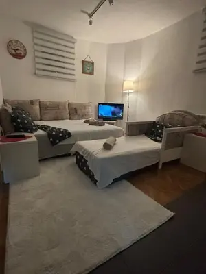 a living room with two beds and a tv at Bohemian Rhapsody low ground studio in Belgrade