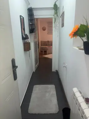 a hallway with a white door and a white rug at Bohemian Rhapsody low ground studio in Belgrade