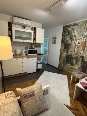 a living room with a couch and a kitchen at Bohemian Rhapsody low ground studio in Belgrade
