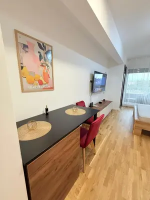 a living room with a black counter and a television at Apartment UNA in Pančevo