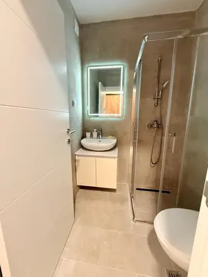 a bathroom with a sink and a shower at Apartment UNA in Pančevo