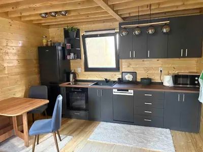 a kitchen with black cabinets and a table and a window at Beli Bor in Vračar (historical)