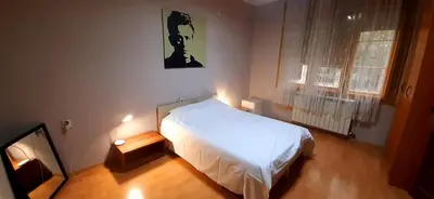 a bedroom with a white bed and a window at Apartman Savka in Belgrade